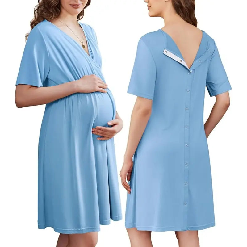 Women's Maternity Dress - Stretchy V-Neck Nursing Gown with Skin-to-Skin Access