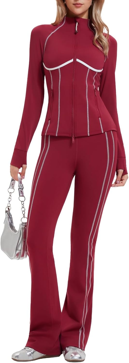 AFZ Women's Bodycon Two Piece Tracksuit Zip-Up Sweat Set with Contrast Striped Flared Joggers Travel Suit