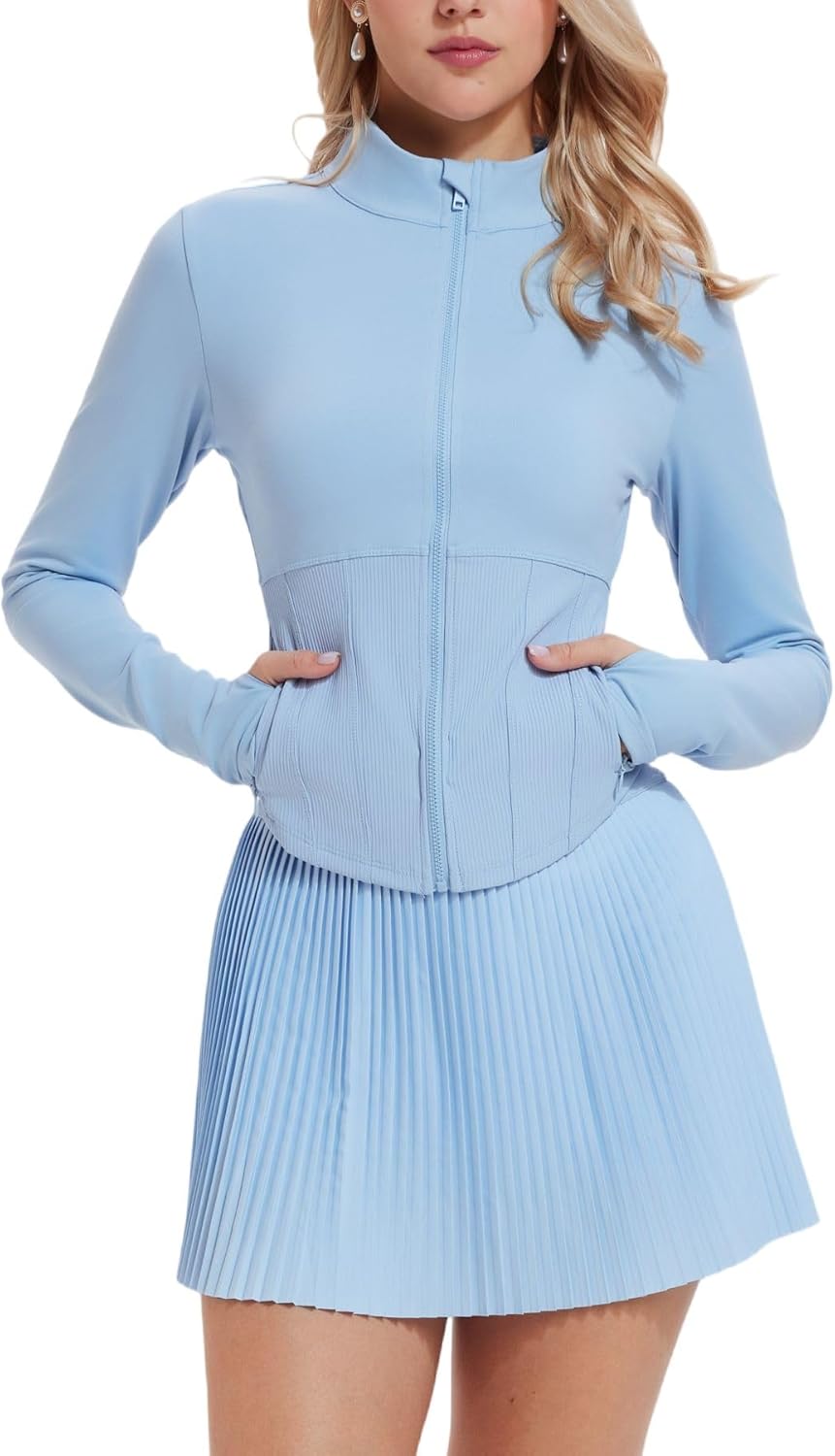 AFZ Two Piece Tennis Skirts Set for Women Long Sleeve Zip Up Workout Jacket with Pleated Mini Skirt Golf Pickleball Outfits