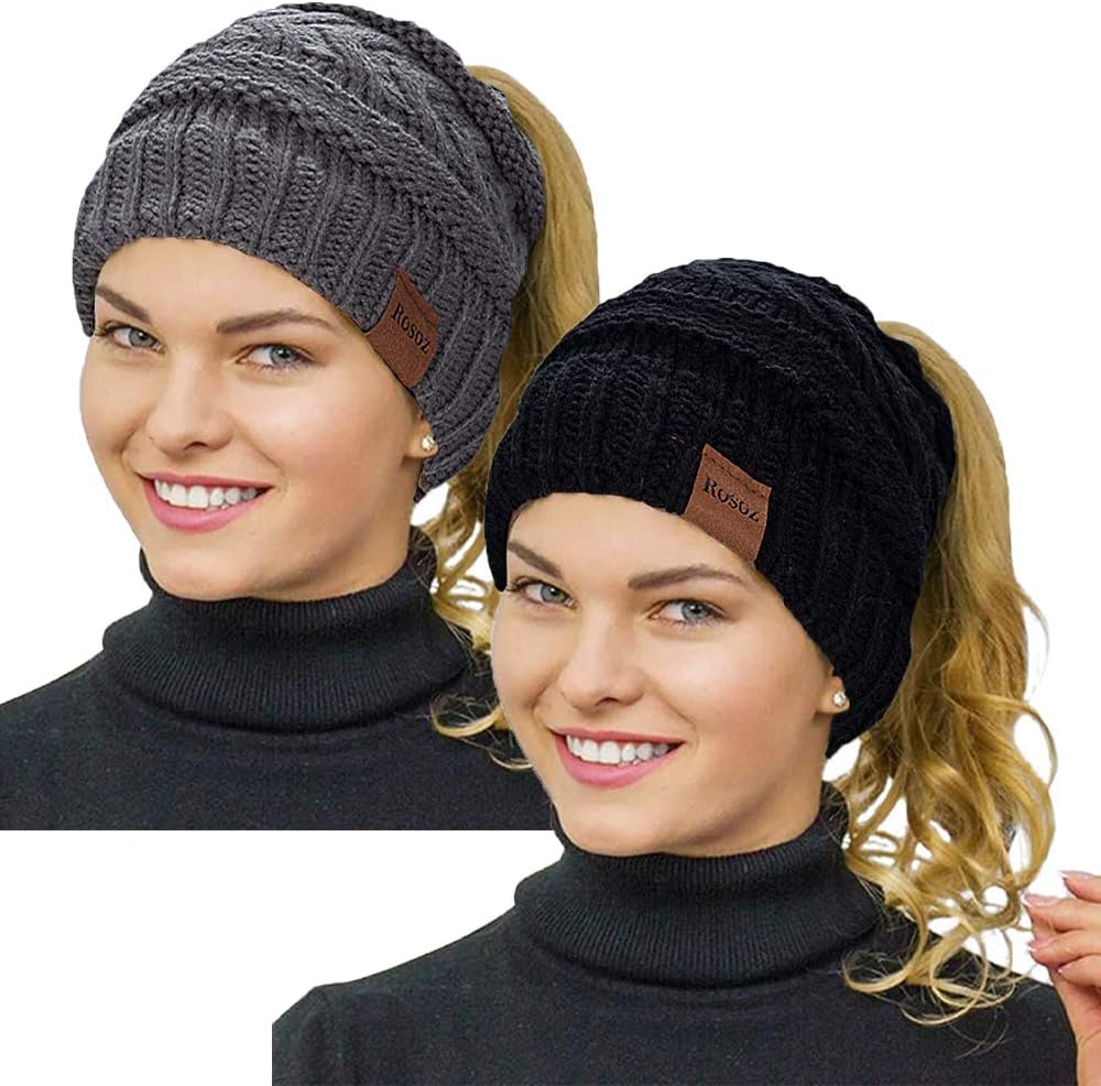2 Pack Ponytail Beanie for Women, Winter Warm Soft Stretch Cable Knit Messy High Bun Hat