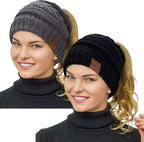 2 Pack Ponytail Beanie for Women, Winter Warm Soft Stretch Cable Knit Messy High Bun Hat