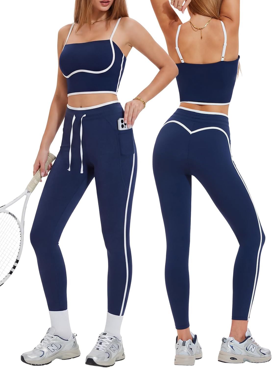 Women's 2 Piece Workout Set with Pockets Square Neck Leggings for Gym Yoga