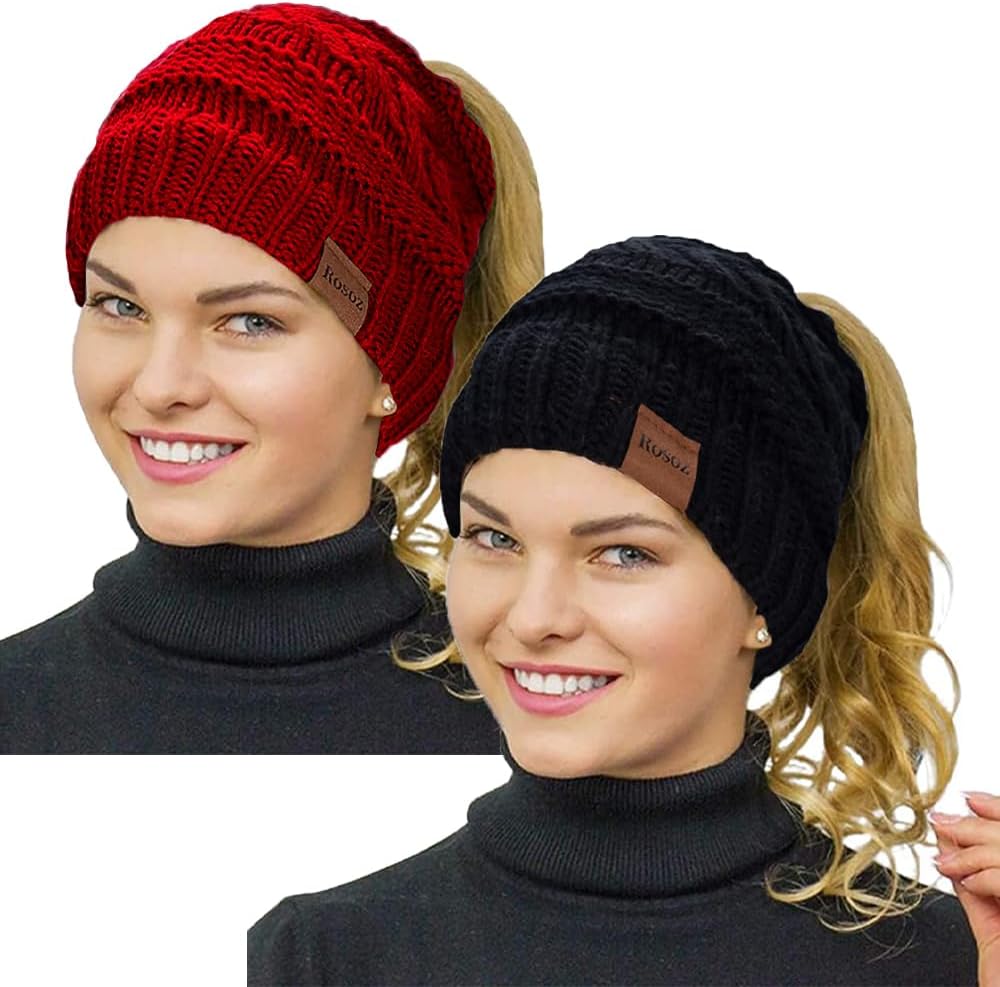 2 Pack Ponytail Beanie for Women, Winter Warm Soft Stretch Cable Knit Messy High Bun Hat