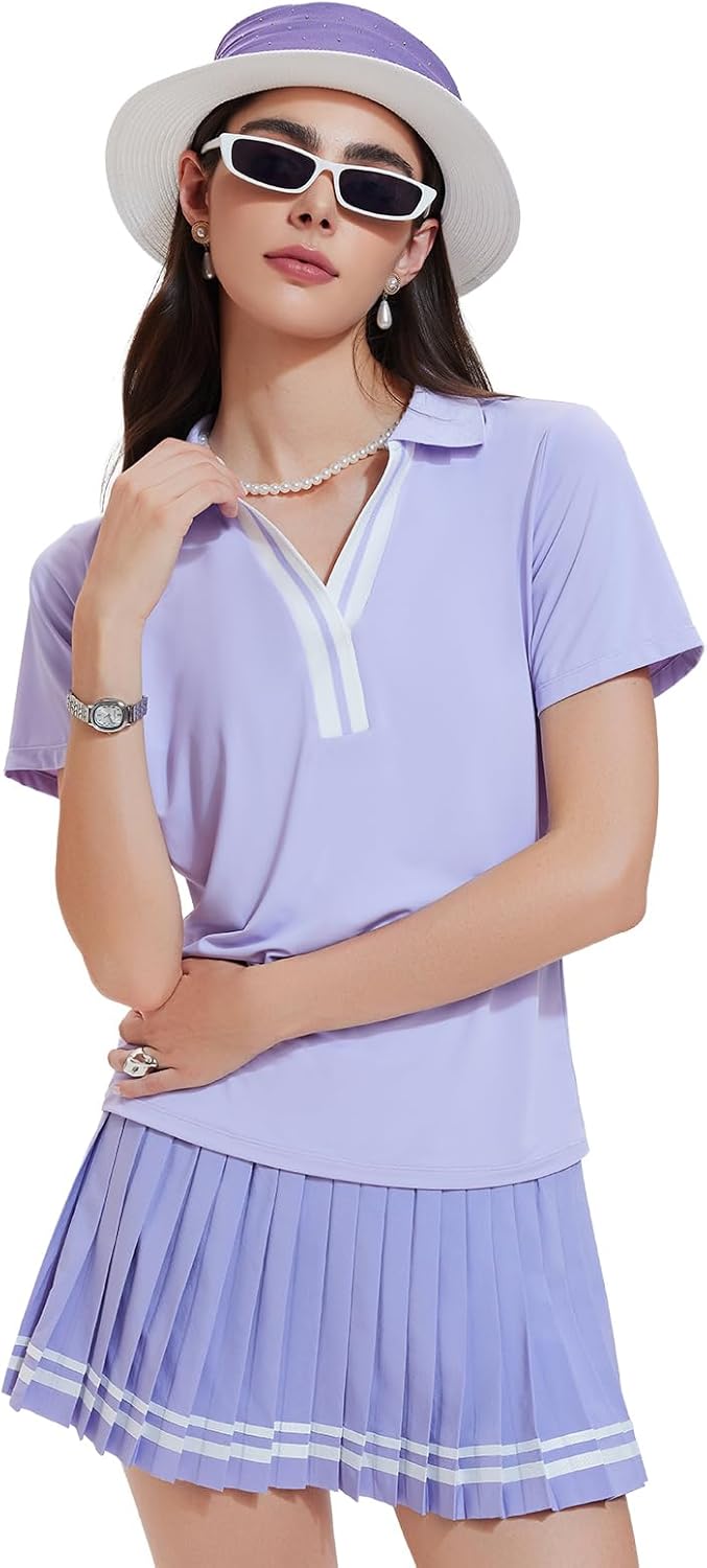 Women's 2 Piece Pleated Tennis Skirt Set - V-Neck Polo Athletic Outfit with Pockets