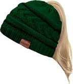 2 Pack Ponytail Beanie for Women, Winter Warm Soft Stretch Cable Knit Messy High Bun Hat