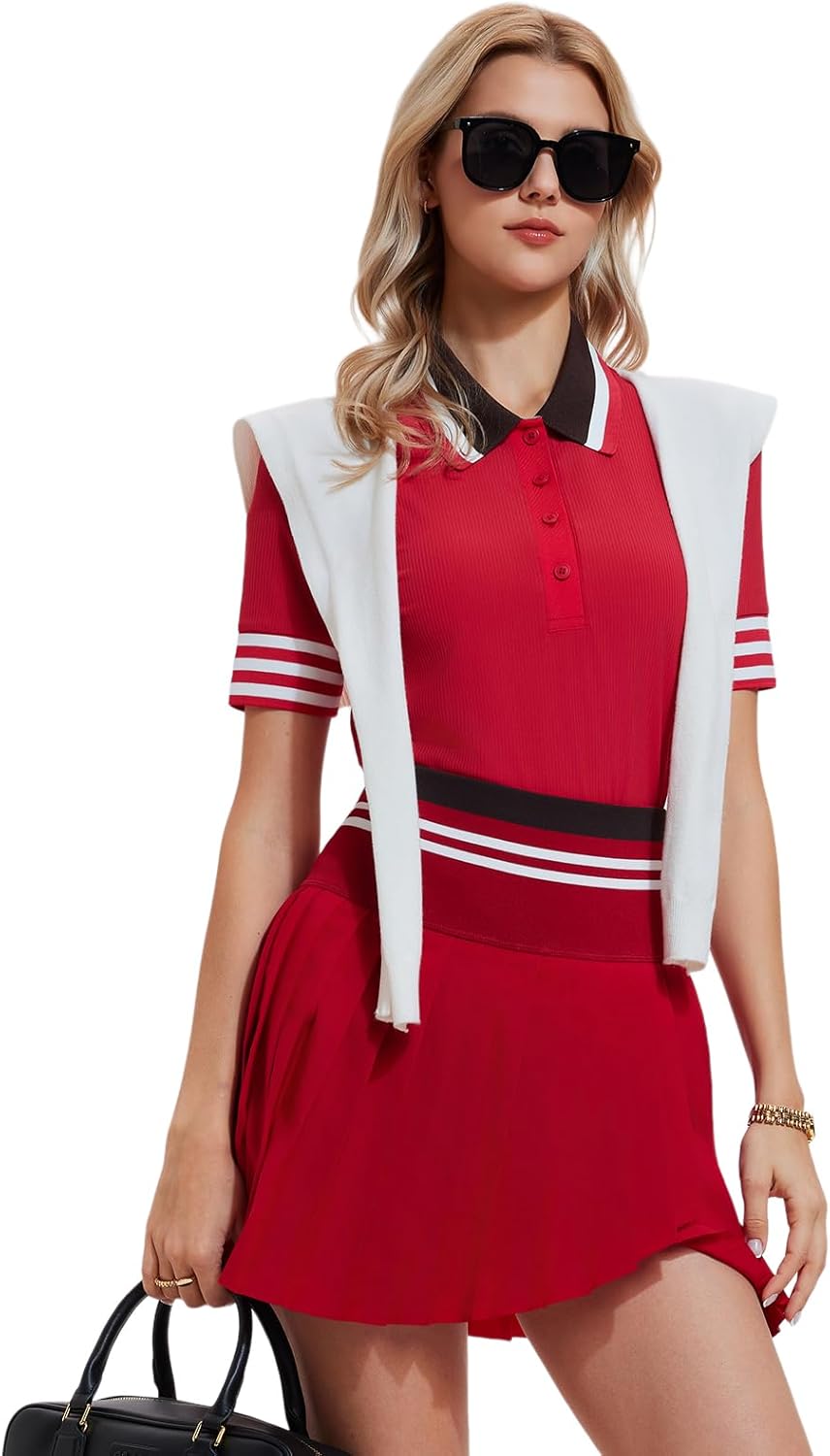 Women's 2 Piece Tennis Skirt Set, Preppy Polo Top & High Waisted Pleated Skort