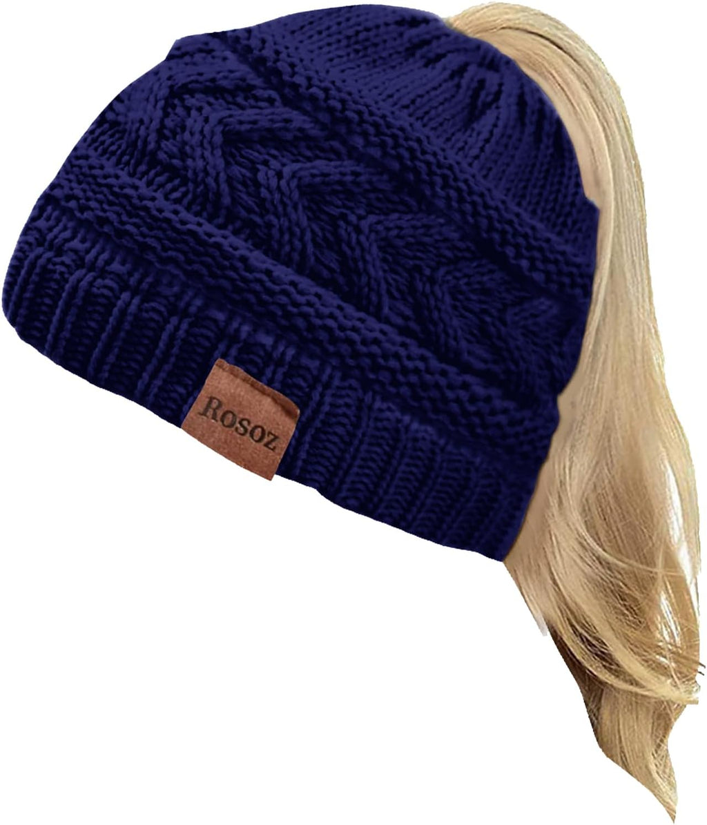 2 Pack Ponytail Beanie for Women, Winter Warm Soft Stretch Cable Knit Messy High Bun Hat