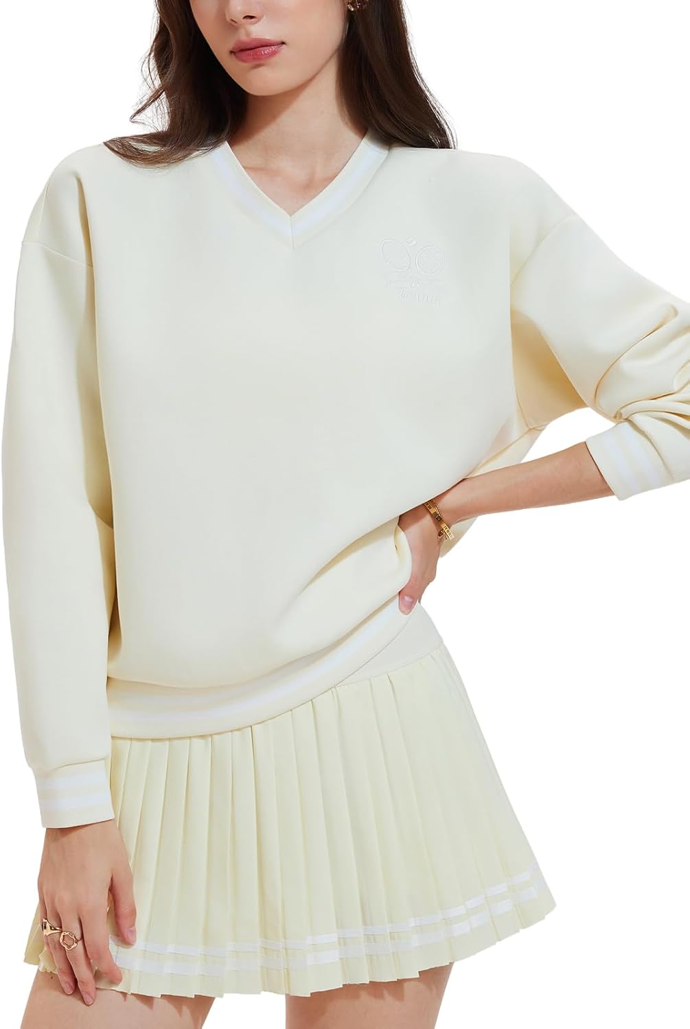 Women's Long Sleeve Tennis Skirt Set - 2 Piece Golf Outfit with V-Neck Sweater & Skort