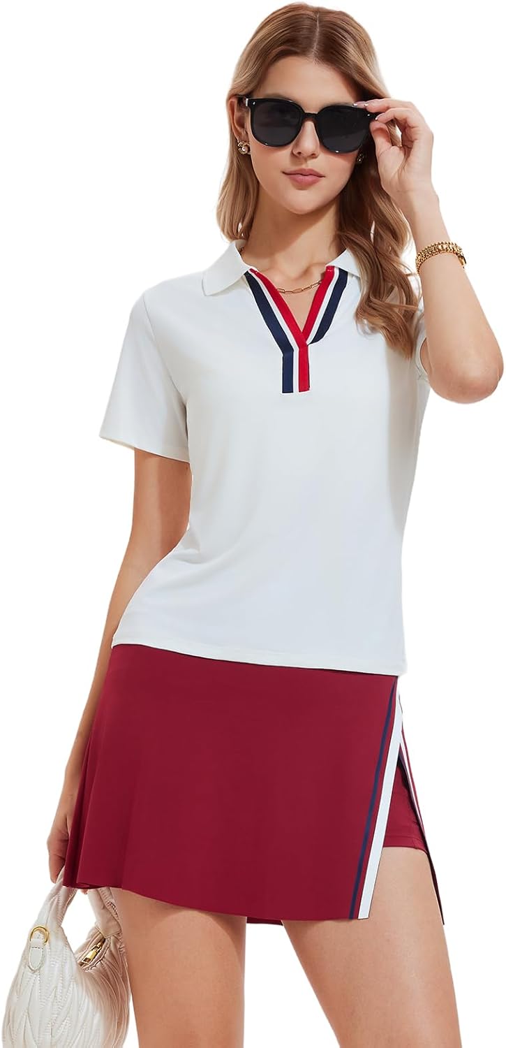 Women's 2 Piece Tennis Skirt Set - Colorblock V-Neck Polo & High Waisted Side Slit Skort