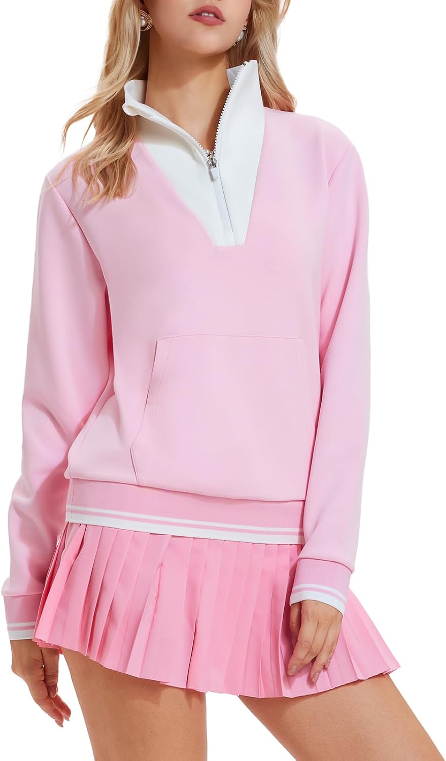 Airfree Women Two Piece Tennis Skirt Set Golf Outfits Half Zip Oversize Pullover Sweatshirt 2 Piece Skirt Sets with Pockets