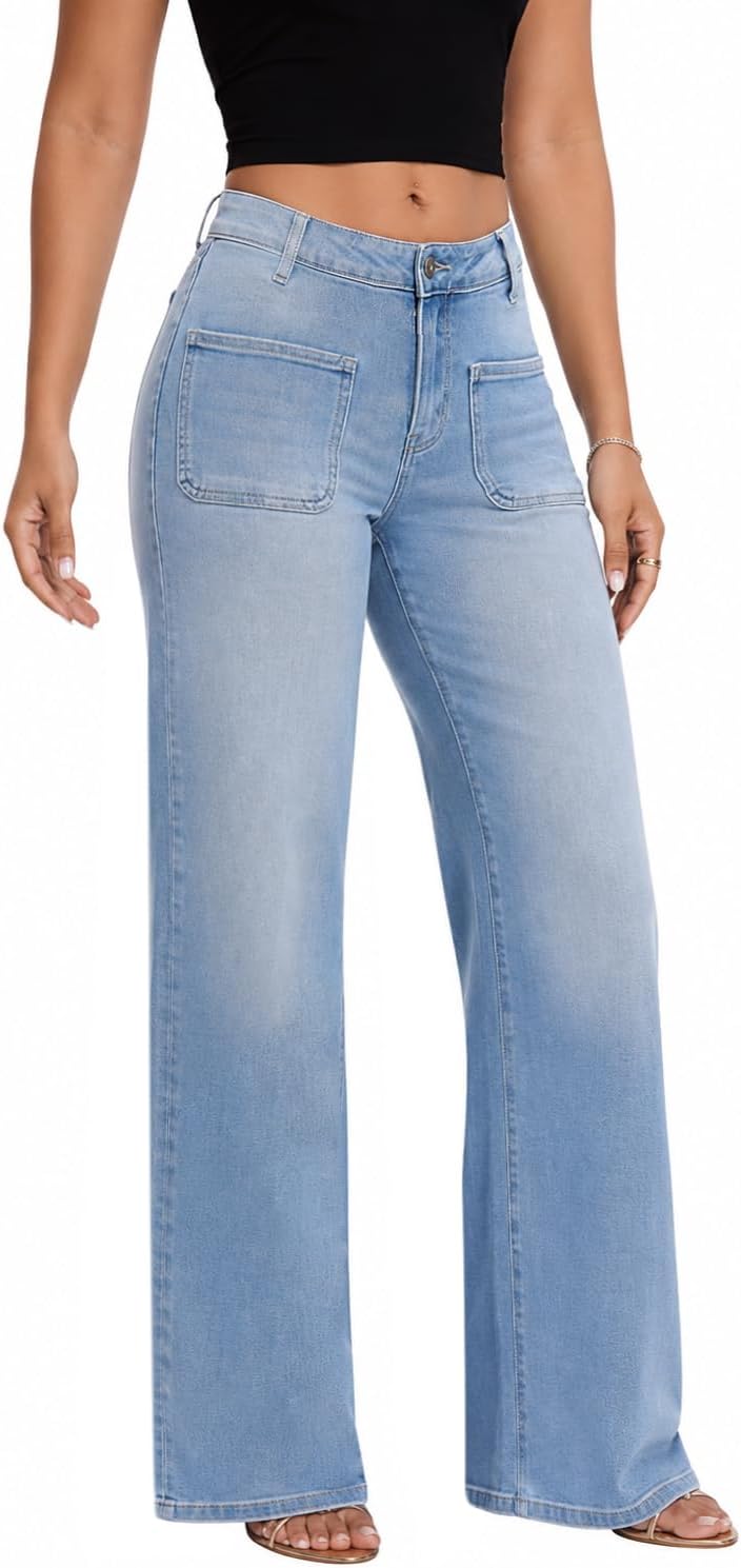 Mid-Low Rise Baggy Jeans Wide Leg for Women Distressed Stretchy Denim Pants