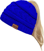 2 Pack Ponytail Beanie for Women, Winter Warm Soft Stretch Cable Knit Messy High Bun Hat