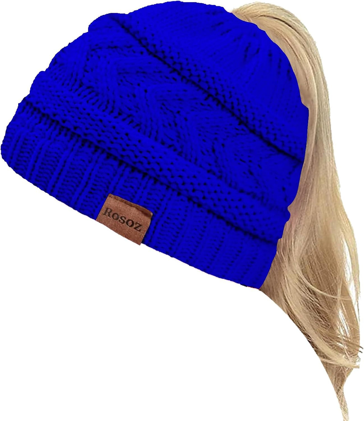 2 Pack Ponytail Beanie for Women, Winter Warm Soft Stretch Cable Knit Messy High Bun Hat