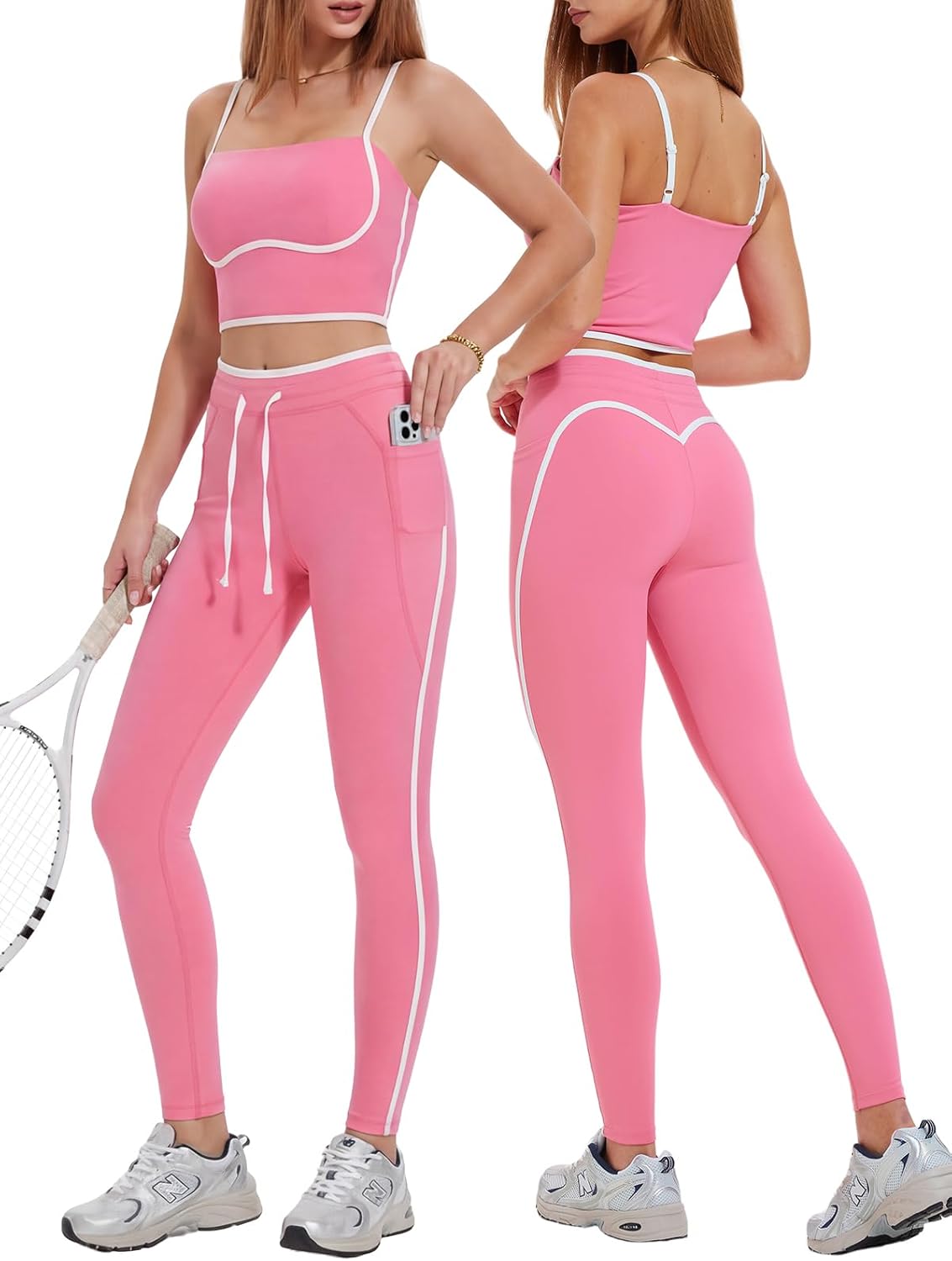 Women's 2 Piece Workout Set with Pockets Square Neck Leggings for Gym Yoga