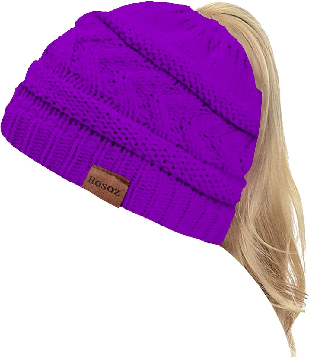2 Pack Ponytail Beanie for Women, Winter Warm Soft Stretch Cable Knit Messy High Bun Hat