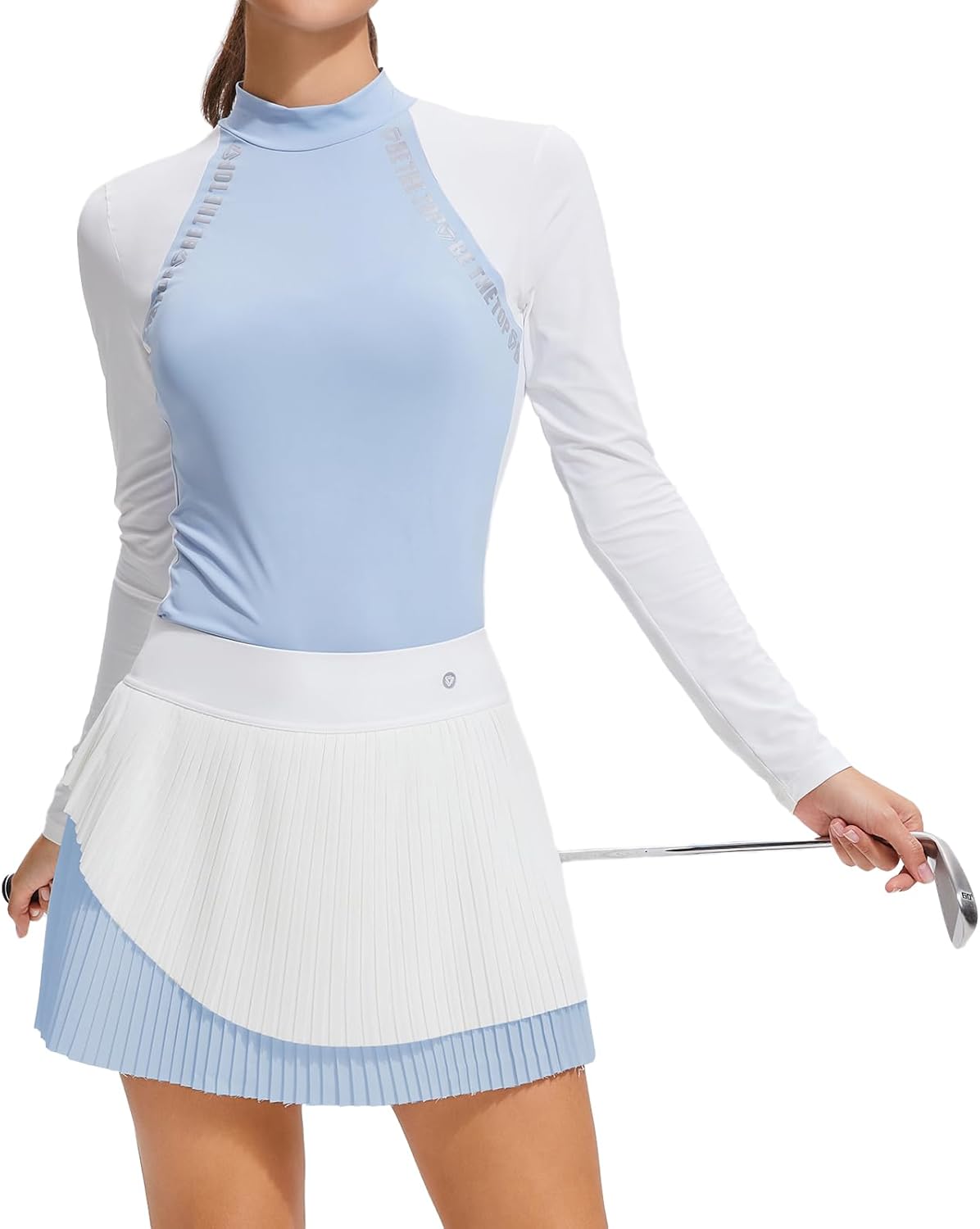 Airfree Two Piece Sets for Women Mock Neck Long Sleeve Tops Golf Skirts Outfits Pleated Tennis Skirt Fall Casual Sets