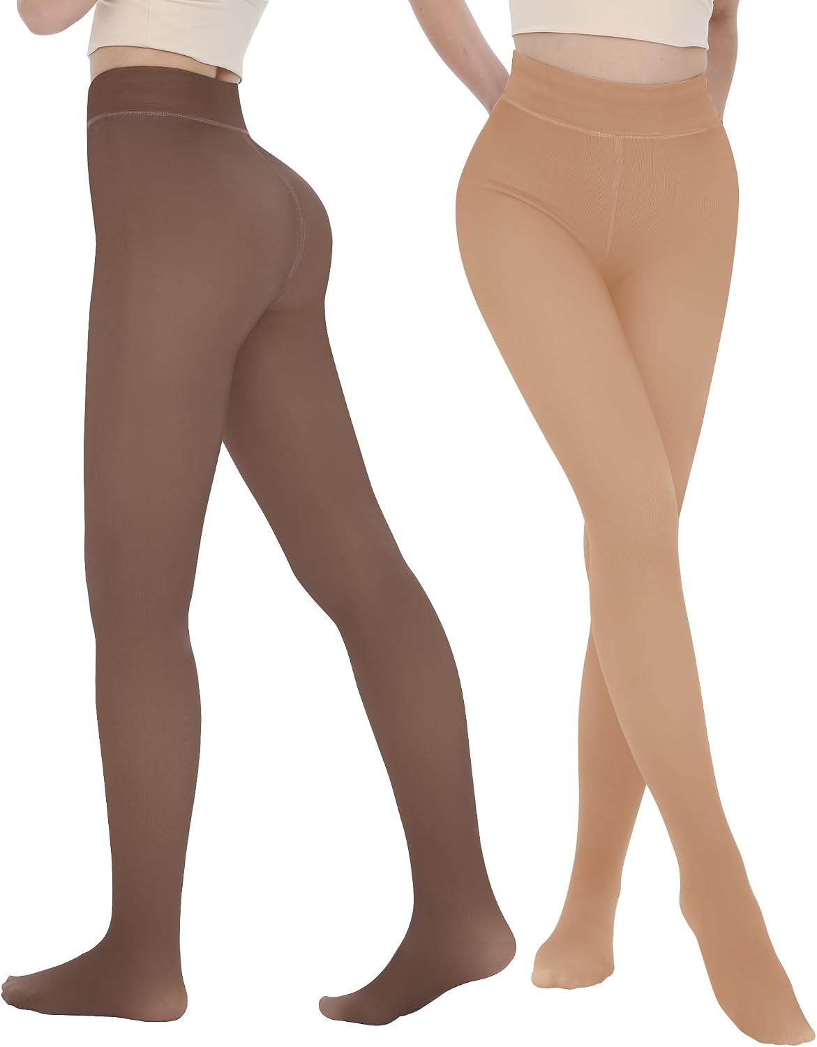 2 Pairs Fleece Lined Thermal Tights for Women - Warm Sheer Leggings for Winter