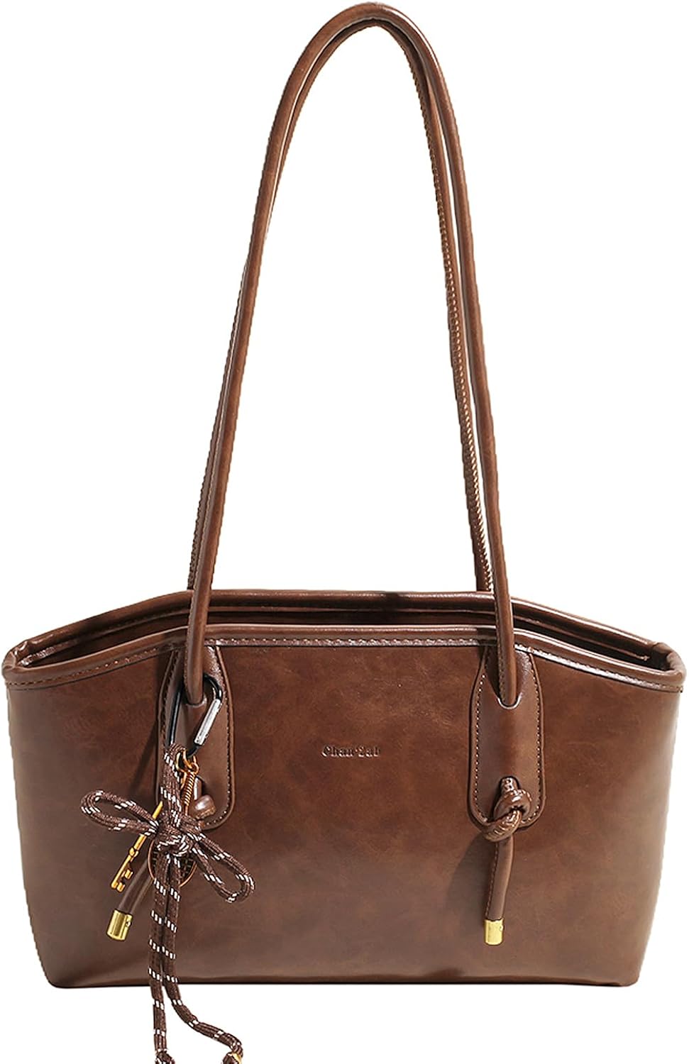Vintage Brown Faux Leather Shoulder Bag - Fall Hobo Handbag with Cute Pendant