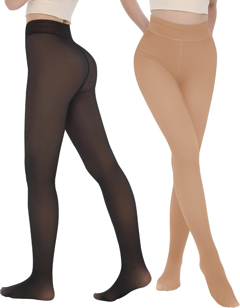 2 Pairs Fleece Lined Thermal Tights for Women - Warm Sheer Leggings for Winter