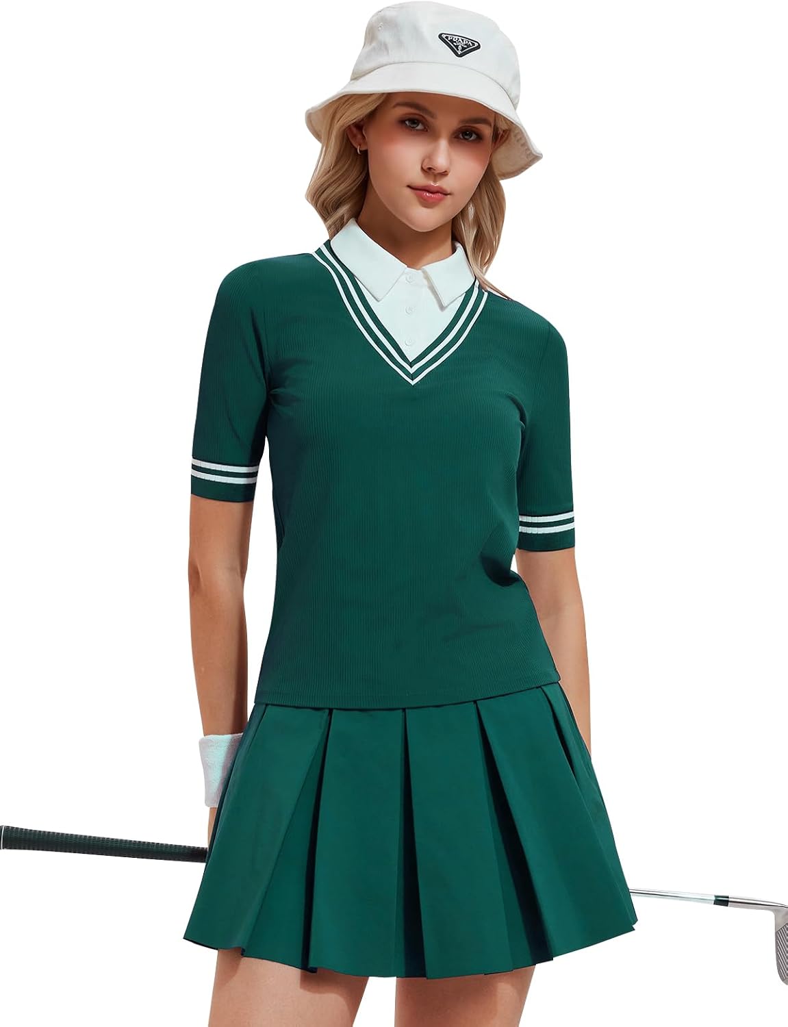 Women's 2 Piece Golf Outfit Set V-Neck Polo Shirt & High Waisted Pleated Tennis Skort with Pockets