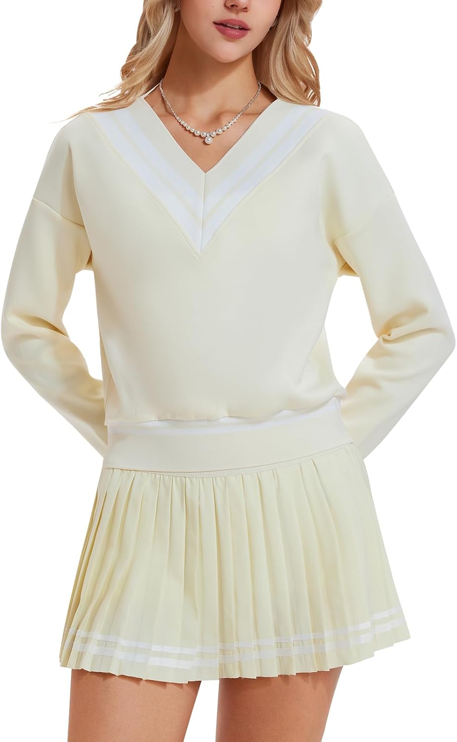 Women's 2 Piece Tennis Skirt Set, V-Neck Long Sleeve Sweatshirt & High Waisted Pleated Skirt