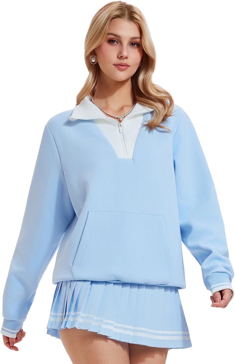 Women's 2 Piece Tennis Skirt Set - Long Sleeve Half Zip Warm Pickleball Outfits with Pockets