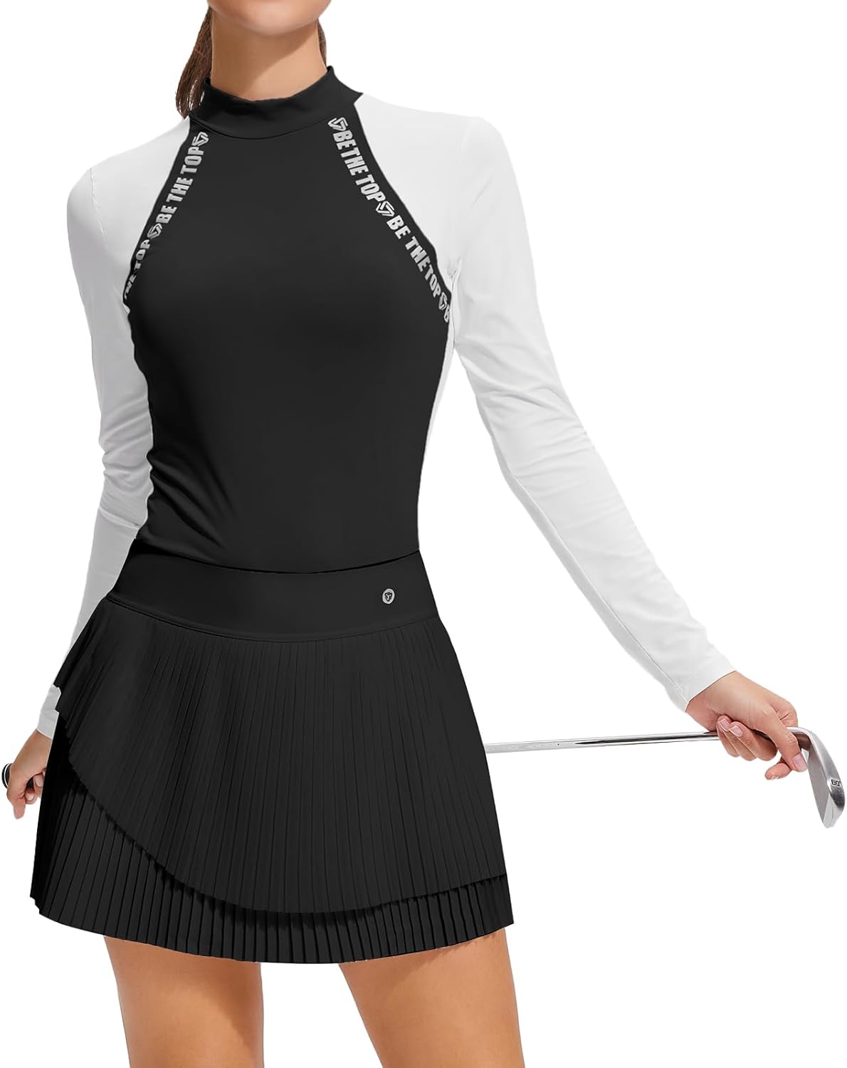 Airfree Two Piece Sets for Women Mock Neck Long Sleeve Tops Golf Skirts Outfits Pleated Tennis Skirt Fall Casual Sets