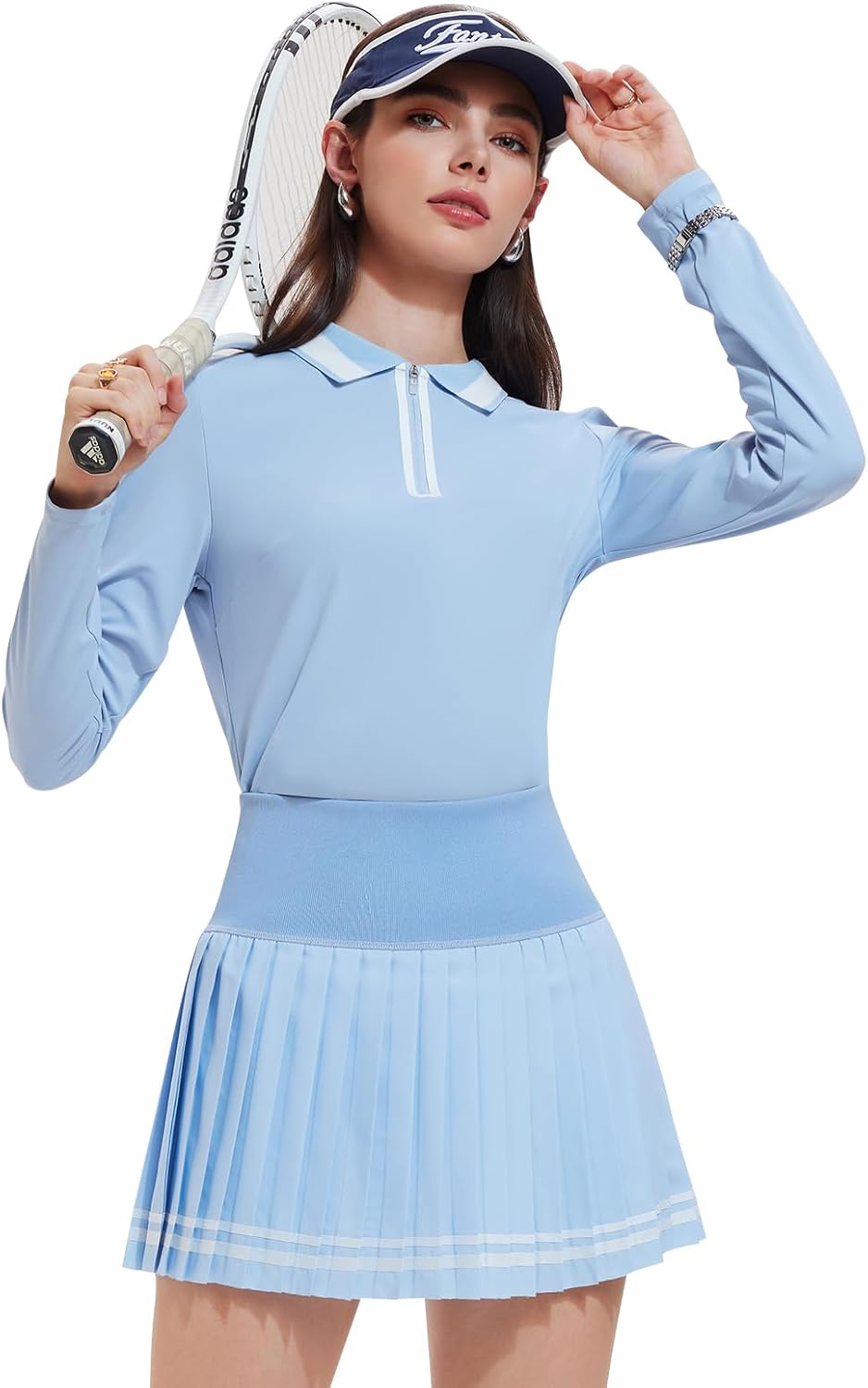Women's 2-Piece Tennis Skirt Set, Polo V-Neck Top & High-Waisted Pleated Skirt Athletic Outfit