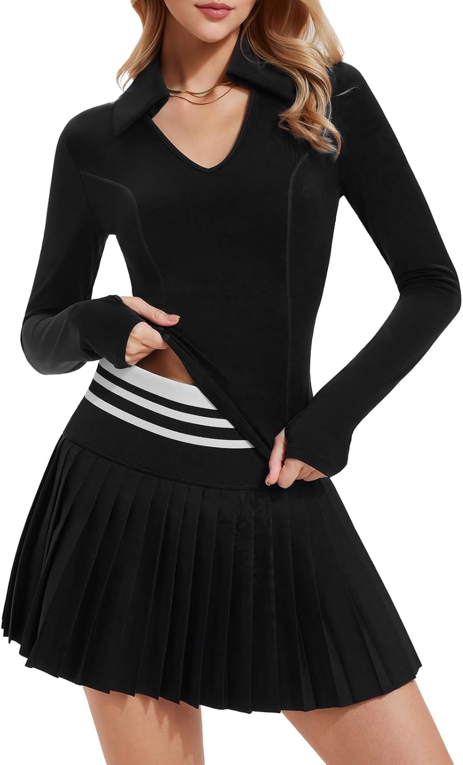 Two Piece Tennis Skirt Set for Women Racerback Color Block High Waisted Pleated Golf Outfits