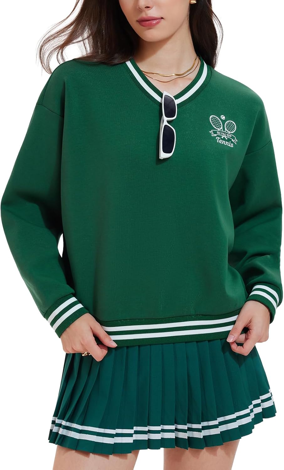 Women's Long Sleeve Tennis Skirt Set - 2 Piece Golf Outfit with V-Neck Sweater & Skort