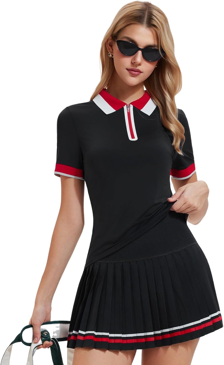 Women's 2-Piece Tennis Skirt Set, Polo V-Neck Top & High-Waisted Pleated Skirt Athletic Outfit