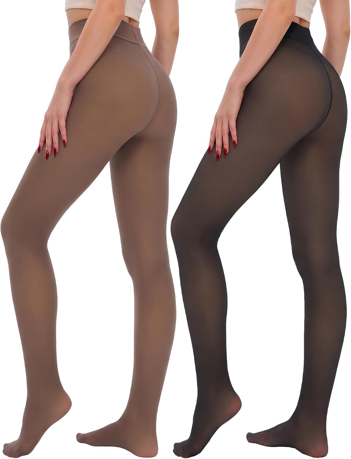 2 Pairs Fleece Lined Thermal Tights for Women - Warm Sheer Leggings for Winter