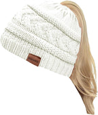 2 Pack Ponytail Beanie for Women, Winter Warm Soft Stretch Cable Knit Messy High Bun Hat