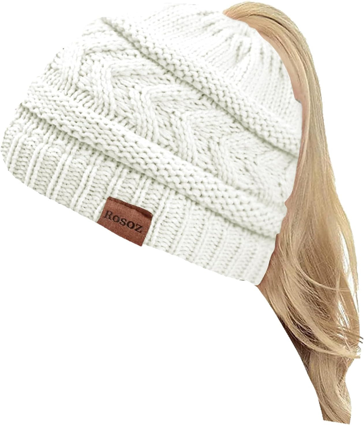 2 Pack Ponytail Beanie for Women, Winter Warm Soft Stretch Cable Knit Messy High Bun Hat