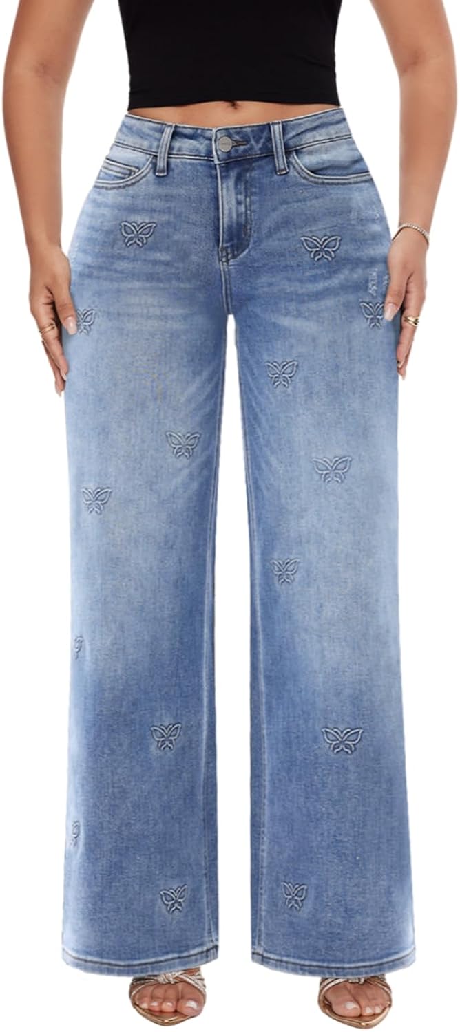 Mid-Low Rise Baggy Jeans Wide Leg for Women Distressed Stretchy Denim Pants