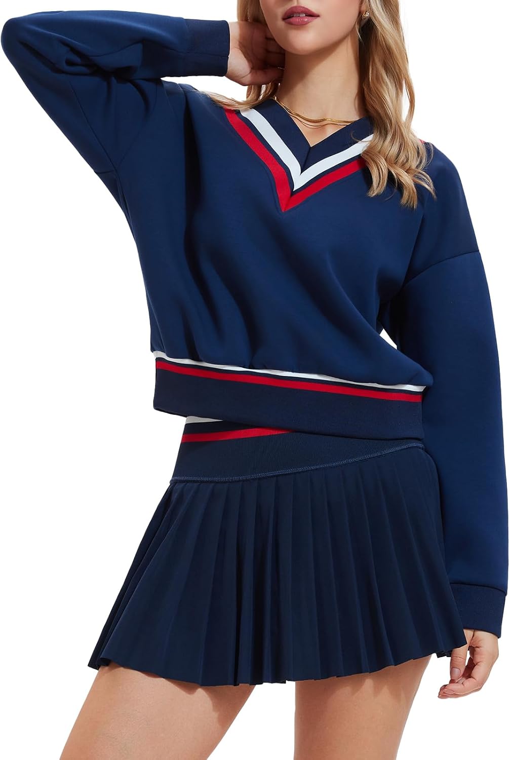 Womens Sweatsuits 2 Piece Set Color Block V Neck Sweatshirts High Waisted Tennis Running Golf Tracksuits Skirts Sets