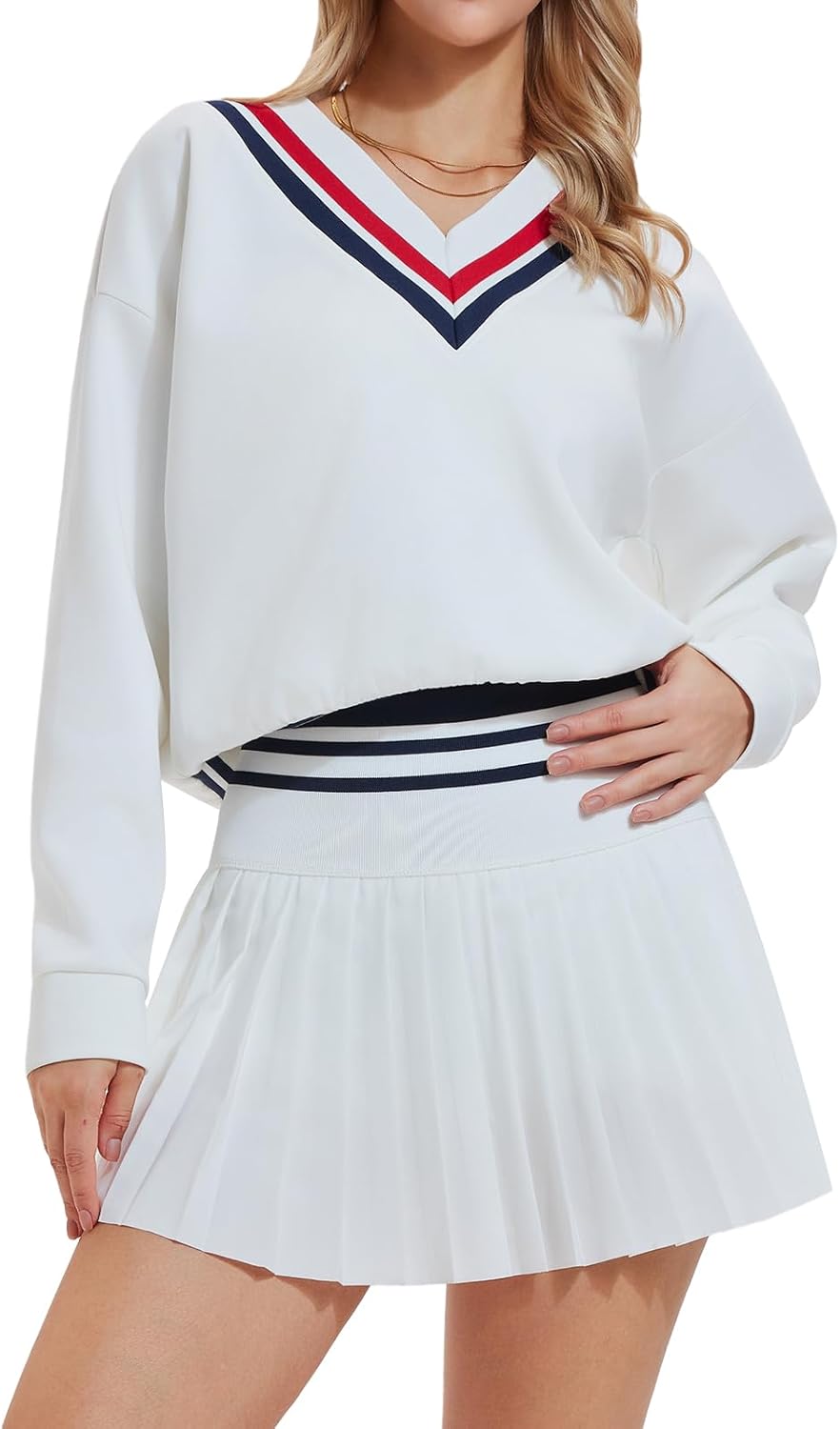 Womens Sweatsuits 2 Piece Set Color Block V Neck Sweatshirts High Waisted Tennis Running Golf Tracksuits Skirts Sets