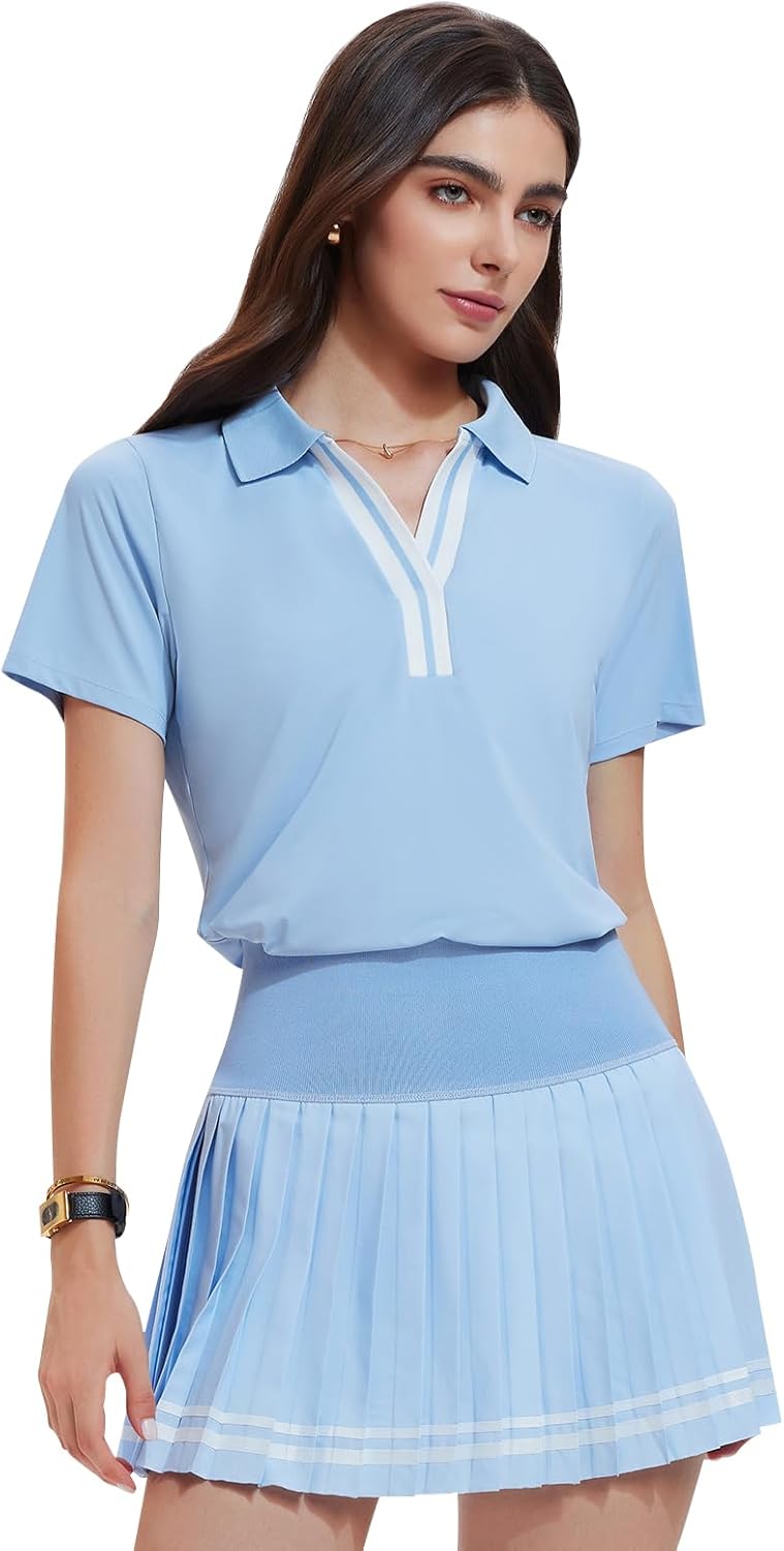 Women's 2 Piece Tennis Skirt Set - Pleated Golf Outfit with Polo V-Neck and Pockets