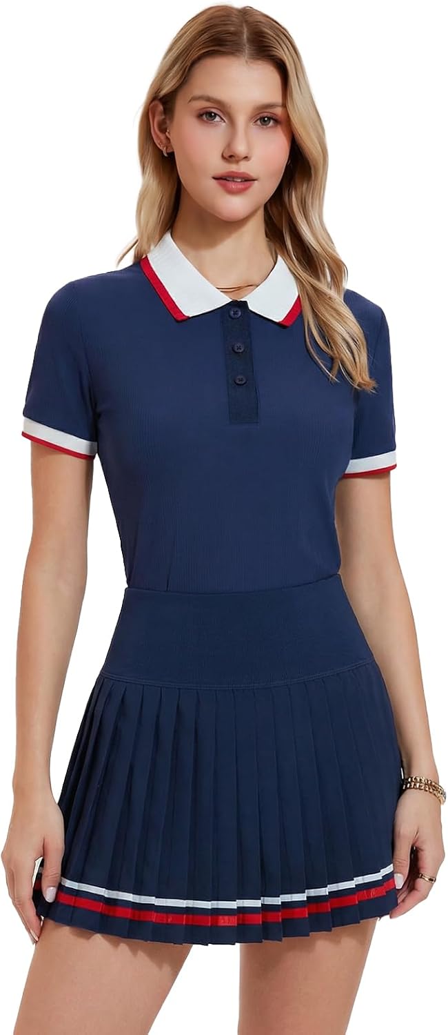 Women's 2 Piece Tennis Skirt Set - Pleated Polo Skort with Pockets for Golf and Pickleball