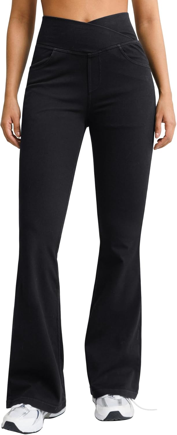 Women's 29" & 31" Flare Jeggings with 4 Pockets - Crossover Tummy Control Bell Bottom Jeans