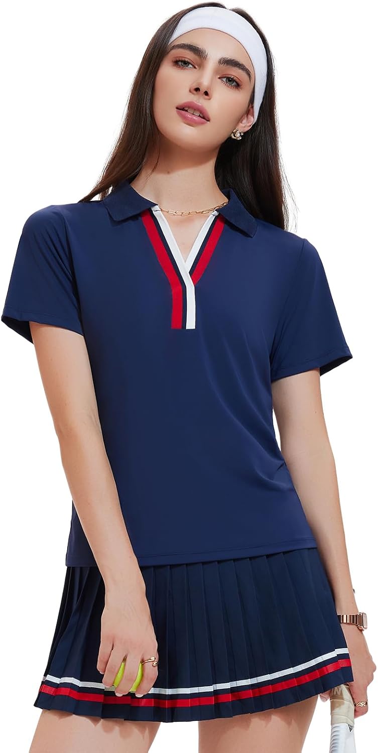 Women's 2 Piece Tennis Skirt Set - Pleated Golf Outfit with Polo V-Neck and Pockets