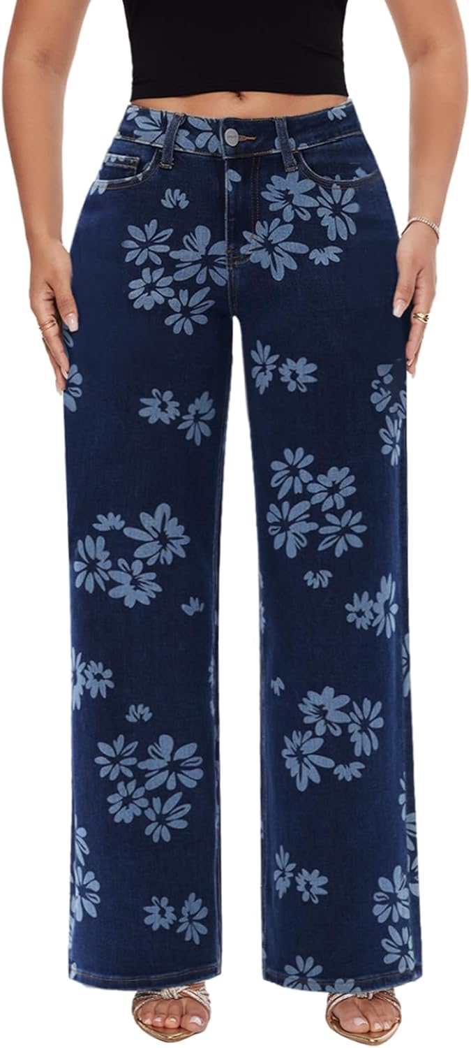 Mid-Low Rise Baggy Jeans Wide Leg for Women Distressed Stretchy Denim Pants