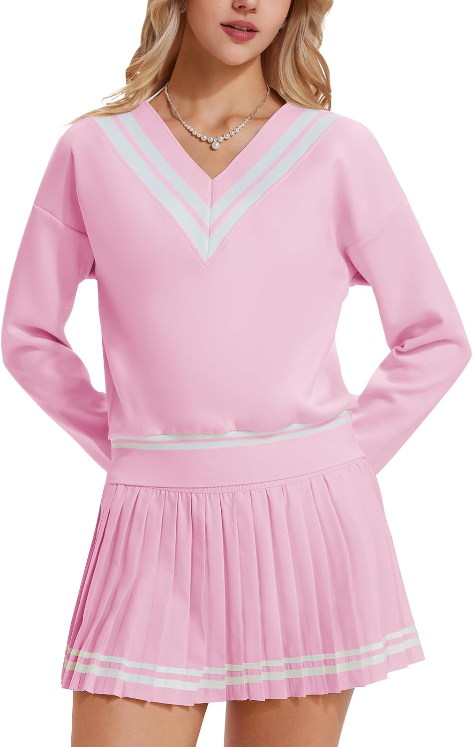 Women's 2 Piece Tennis Skirt Set, V-Neck Long Sleeve Sweatshirt & High Waisted Pleated Skirt