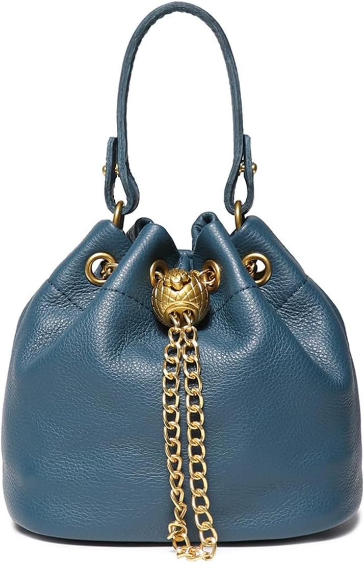 Genuine Leather Bucket Bag with Gold-Tone Chain Strap and Quilted Detail