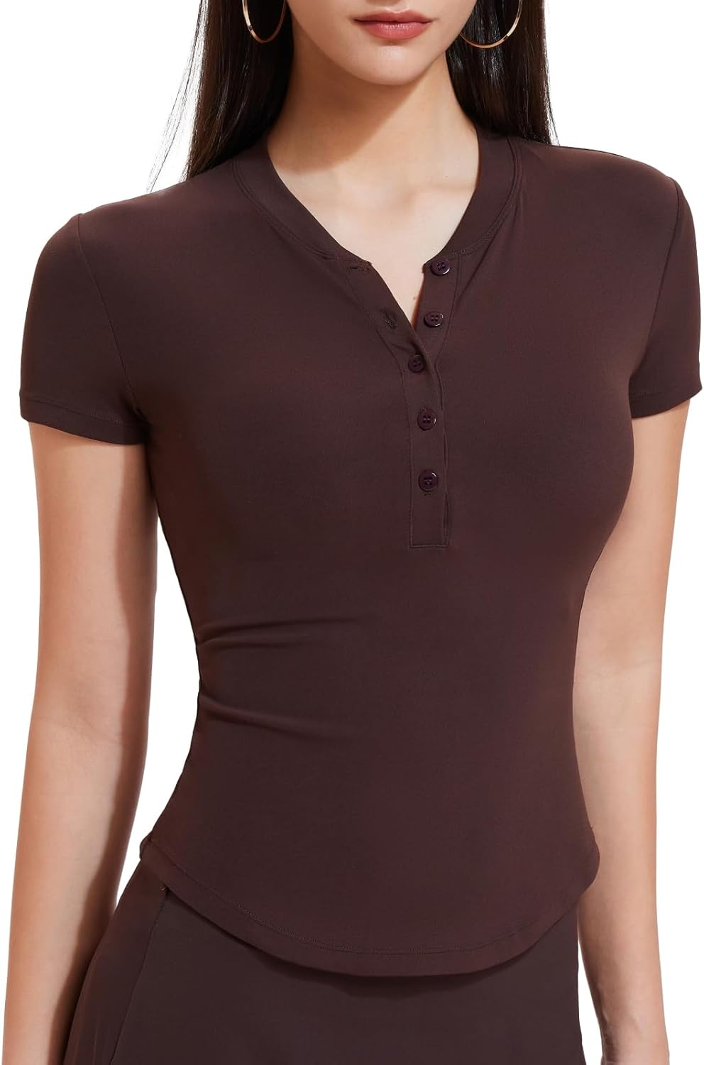 Mudere Womens Short Sleeve Nylon Henley T-Shirt, Slim Fit Casual Summer Basic Tops