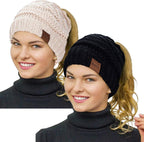 2 Pack Ponytail Beanie for Women, Winter Warm Soft Stretch Cable Knit Messy High Bun Hat