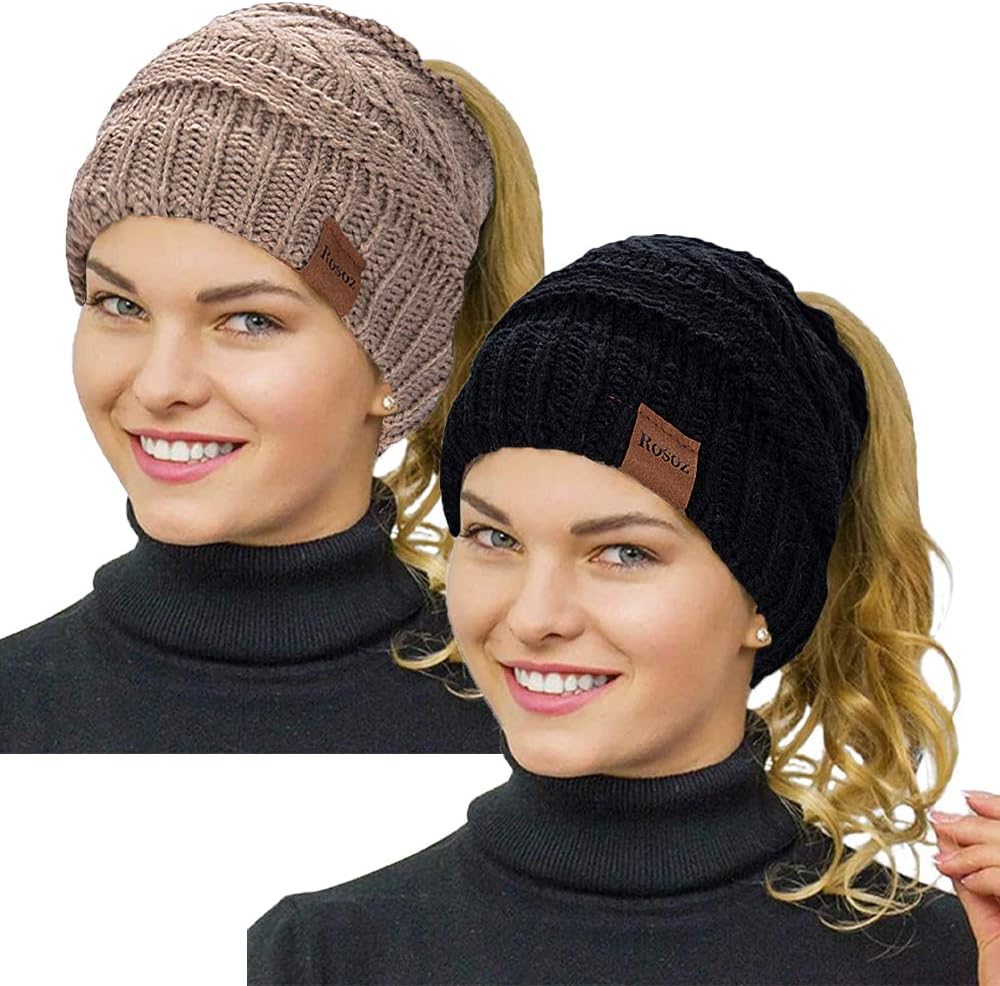 2 Pack Ponytail Beanie for Women, Winter Warm Soft Stretch Cable Knit Messy High Bun Hat