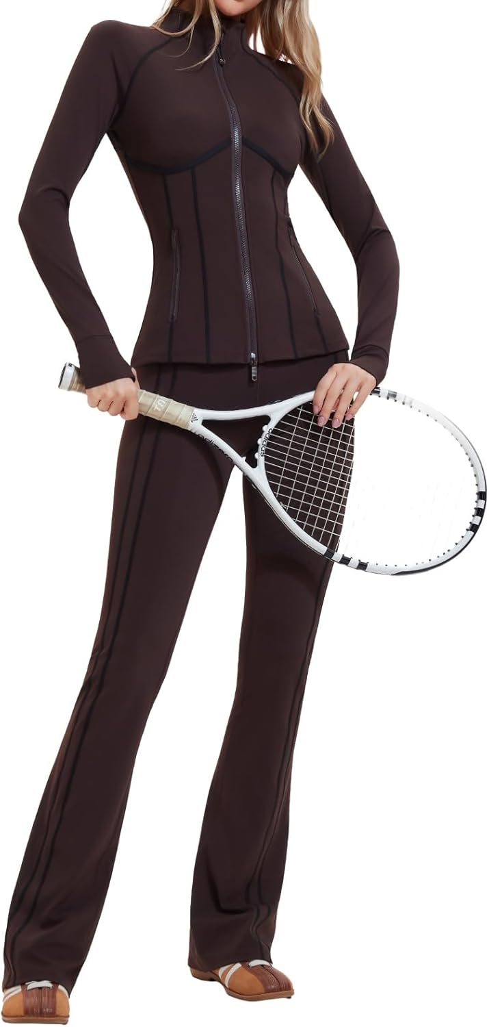 AFZ Women's Bodycon Two Piece Tracksuit Zip-Up Sweat Set with Contrast Striped Flared Joggers Travel Suit
