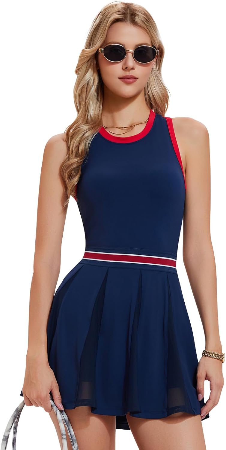 Women's Sleeveless Tennis Golf Dress - Racerback Cutout Pleated Mini Skater Dress for Pickleball