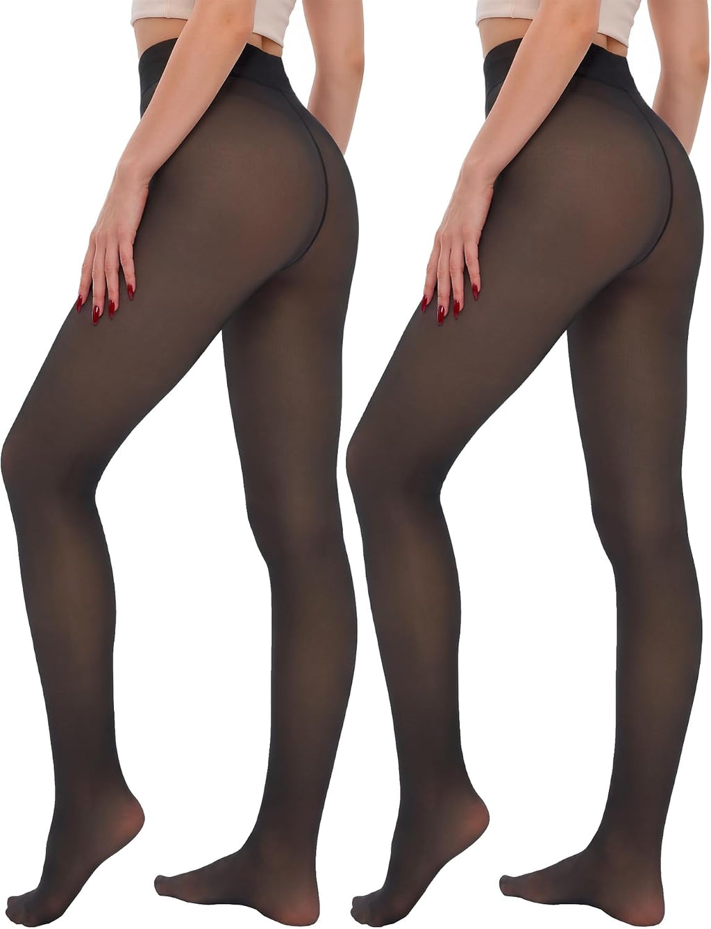 2 Pairs Fleece Lined Thermal Tights for Women - Warm Sheer Leggings for Winter